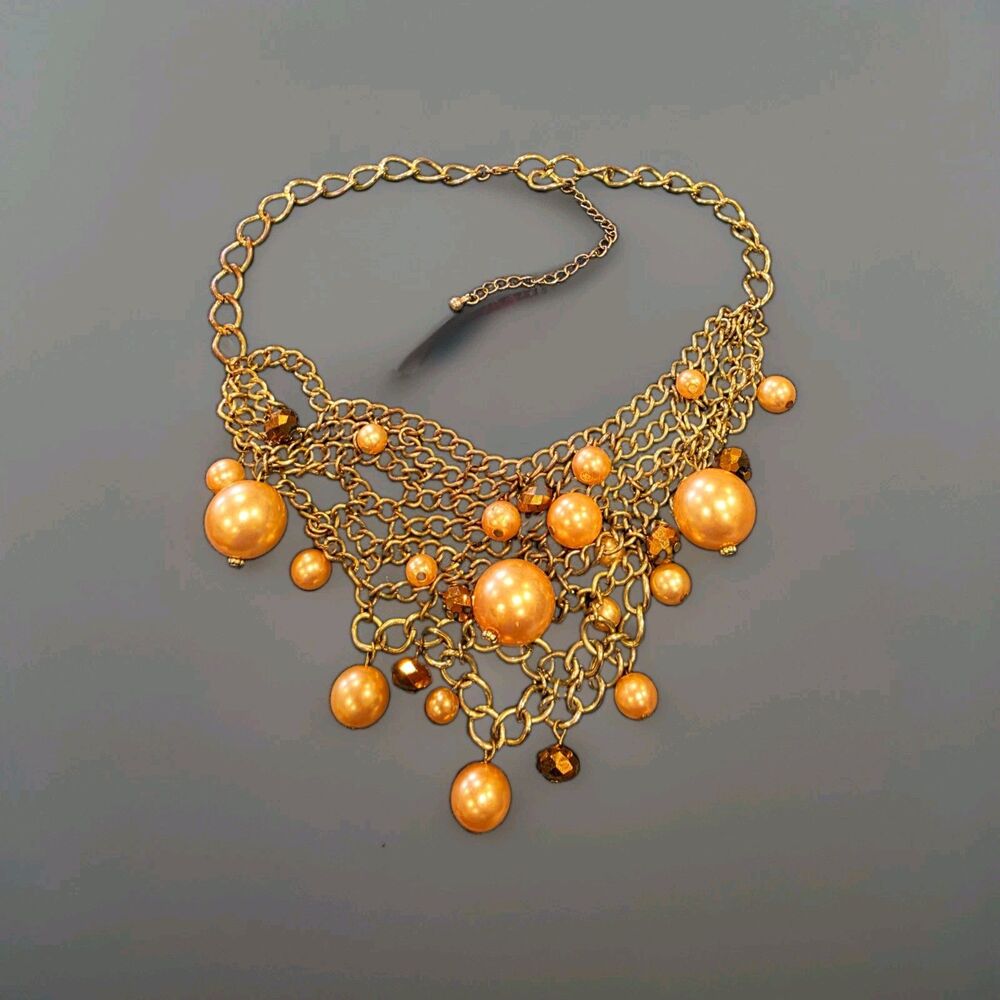 Vintage Gold Tone Bib Statement Necklace Peach Faux Pearls Faceted Amber Beads